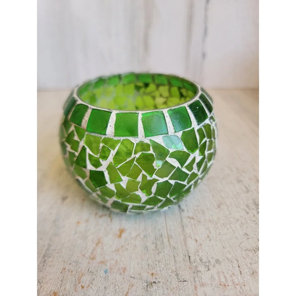 Tea light stained glass green vintage candle holder unique home decor figure